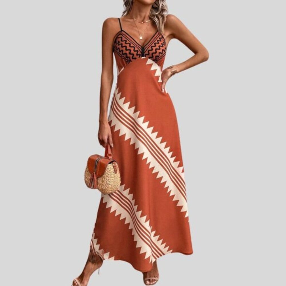 LAST ONE 🔥 Boho Geometric Print Shirred Back Cami Dress Rust